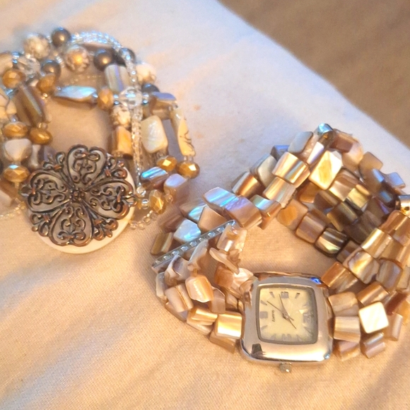 One Quartz Mother of Pearl Watch & One Bracelet W/Abalone & Beads - Picture 1 of 9